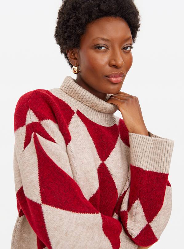 Red And Oatmeal Argyle Knitted Jumper L